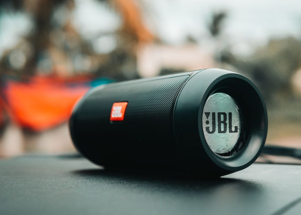 Close-up of a black portable Bluetooth speaker